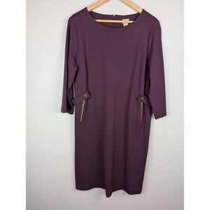 Chico's Dress Womens 14 Purple Zip Pocket Sheath 3/4 Sleeve Stretch Midi